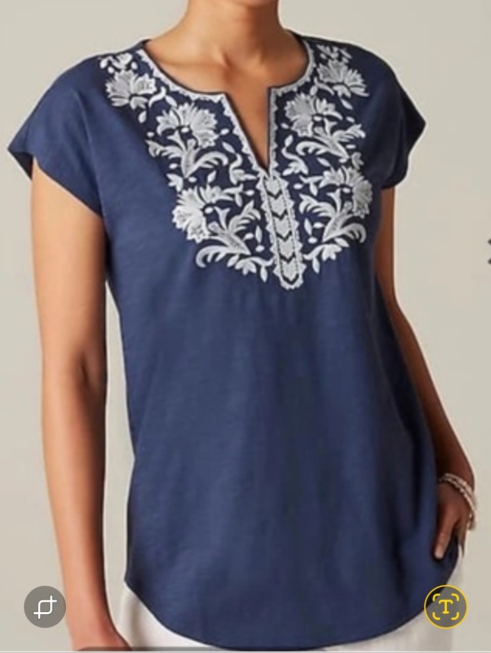 PureJill Embroidered Navy V-Neck Women's Top